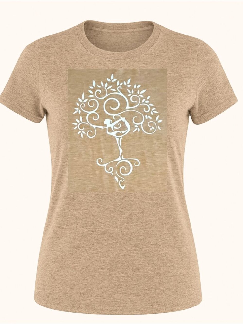 Tree Design Beige Short Sleeve T Shirt L Soft Lightweight Polyester Blend